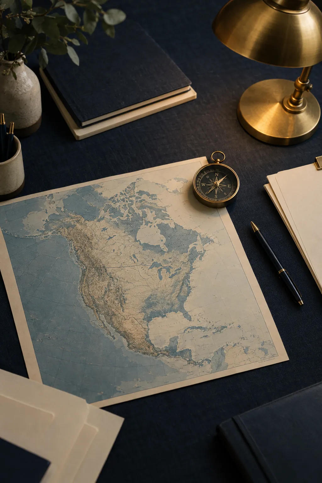 A logistics desk with a map of North America and a brass lamp