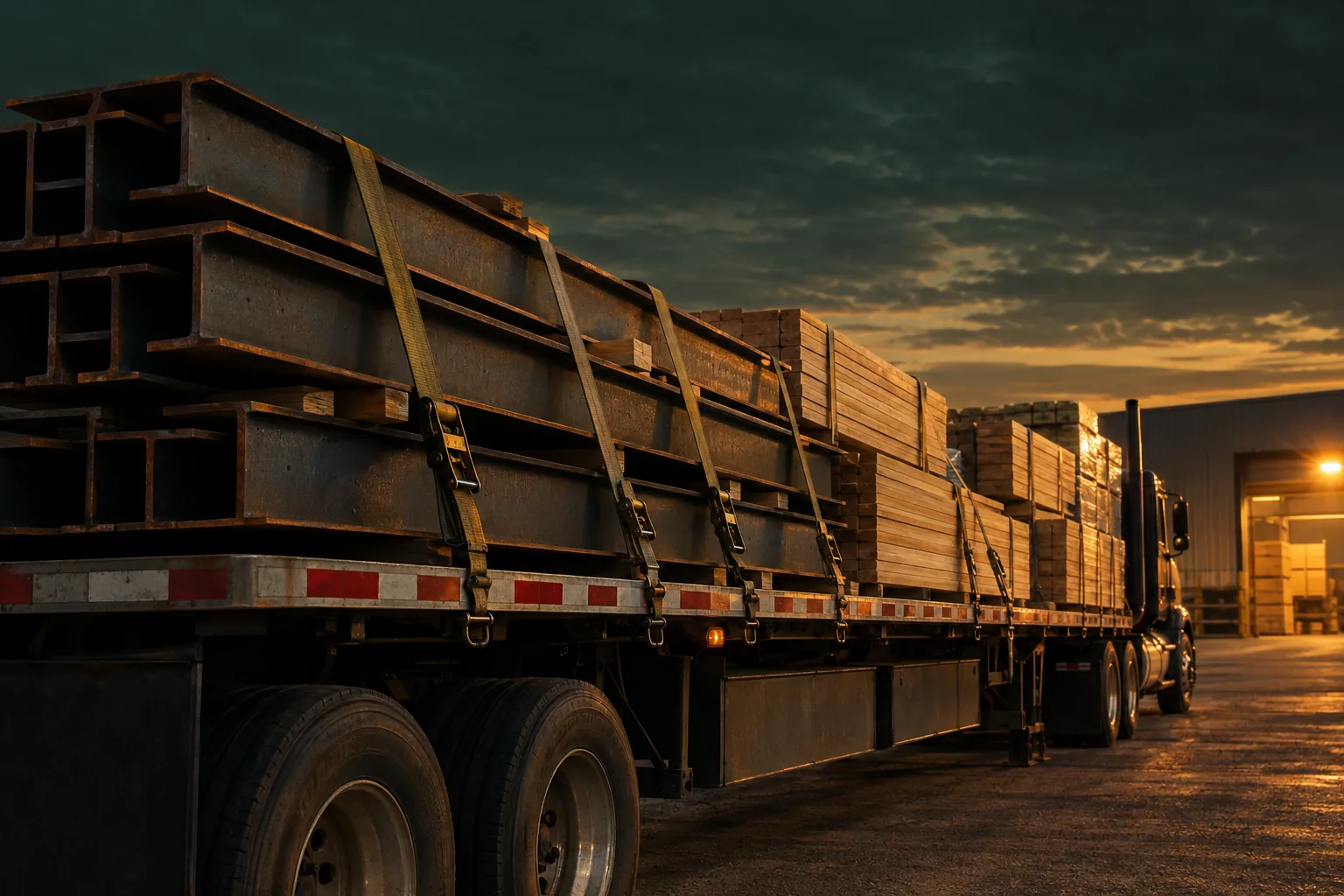 A flatbed trailer loaded with steel beams and lumber, strapped down