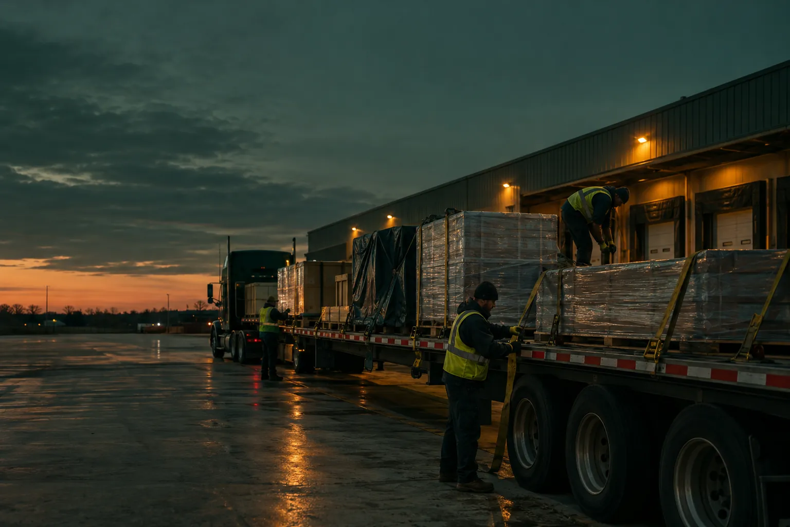 Workers loading cargo onto a flatbed trailer at a warehouse dock at dusk