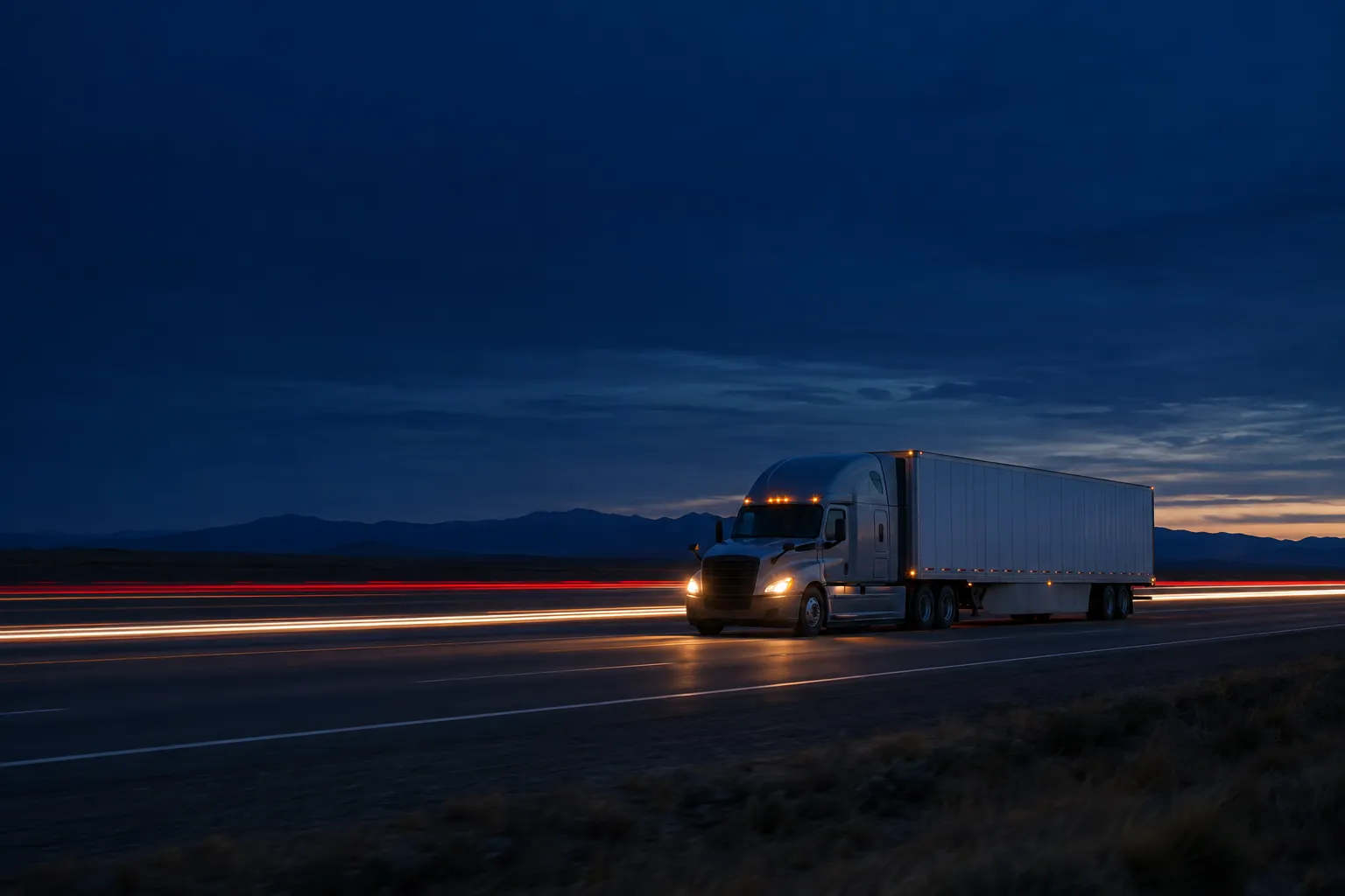 A semi-truck on an open highway at dusk